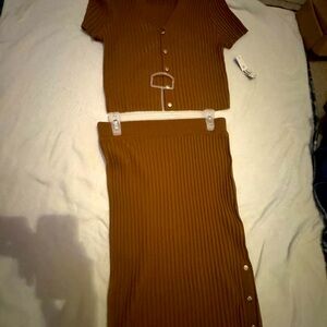 Light brown shirt and skirt set with gold buttons